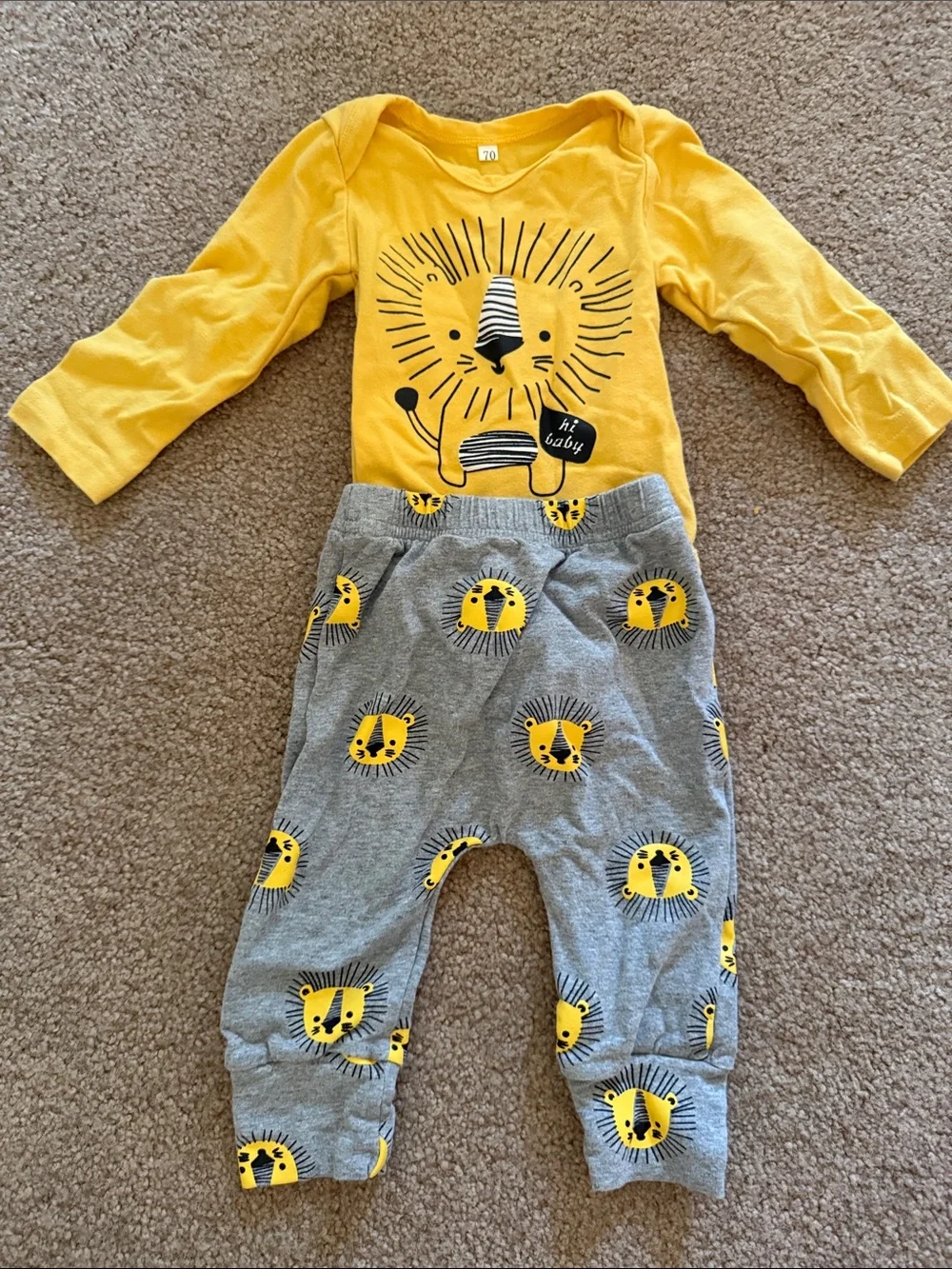 Yellow Lion Print Baby One-Piece with Gray Lion-Pattern Pants